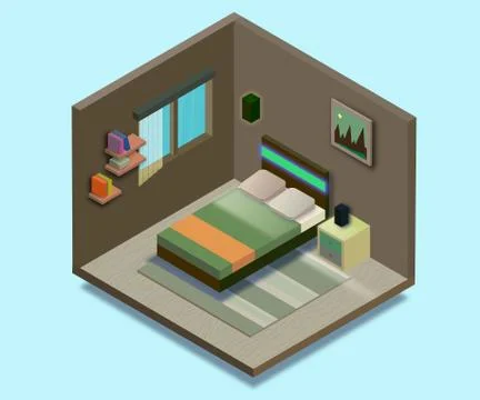 Isometric bedroom illustration. Vector flat illustration. Illustrazione stock