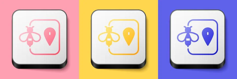 Isometric Bee location map pin pointer icon isolated on pink, yellow and blue 스톡 일러스트