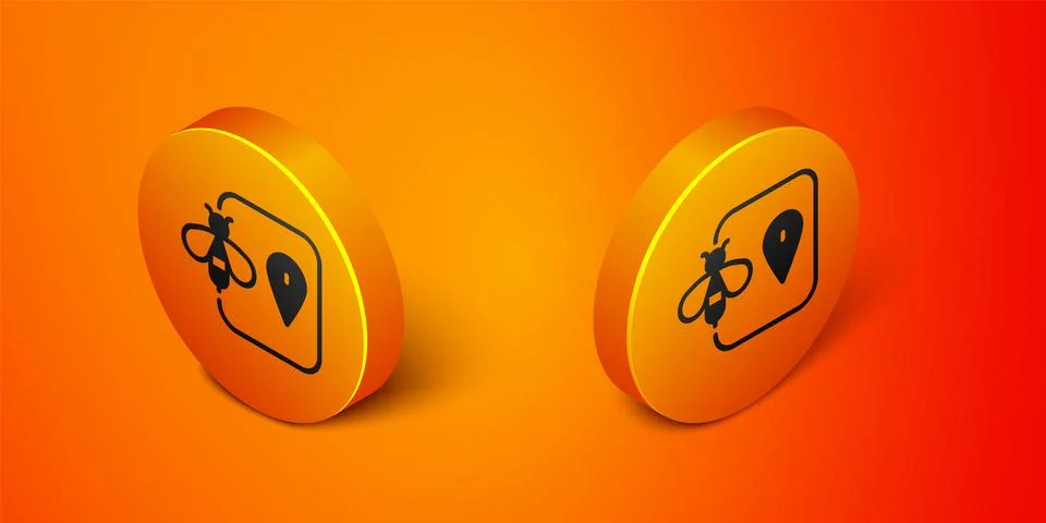 Isometric Bee location map pin pointer icon isolated on orange background. Farm Stock Illustration