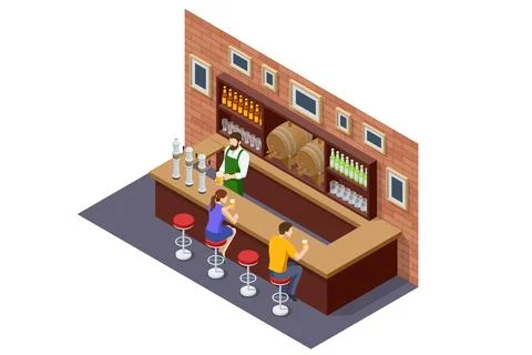 Isometric Beer bar counter. Interior of pub or bar. Beer bar, the bartender Stock Illustration