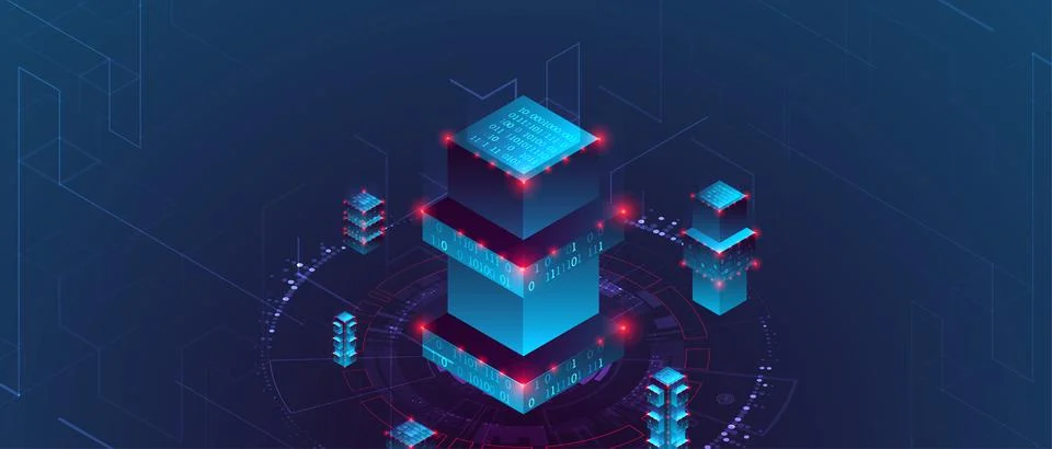 Isometric big data concept, database. Abstract technology background. Vector  Illustrazione stock