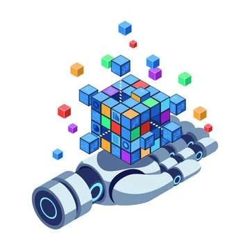 Isometric Big Data Cubes on Robotic Hand Stock Illustration