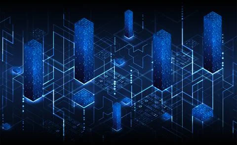 Isometric big data flow processing concept, cloud database. Abstract technolo Illustrazione stock