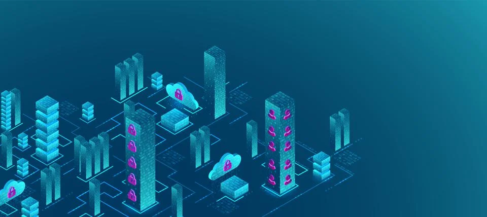 Isometric big data flow processing concept, cloud database. Abstract technolo Stock Illustration