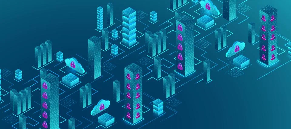 Isometric big data flow processing concept, cloud database. Abstract technolo Stock Illustration