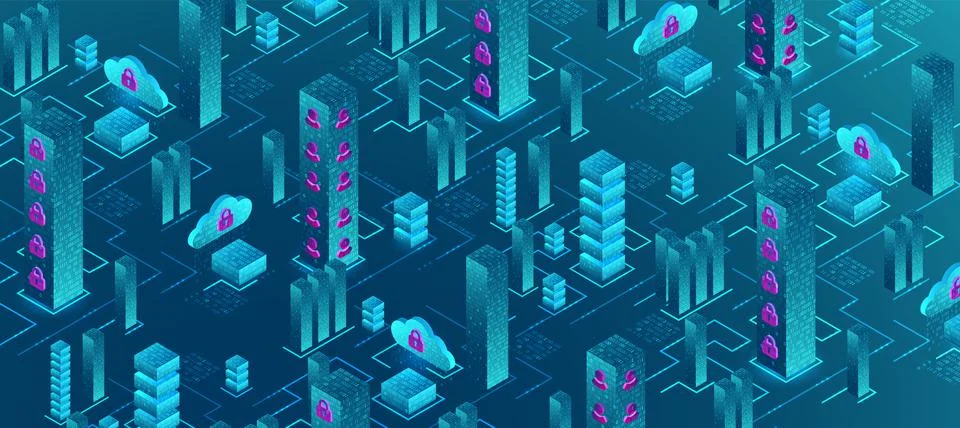 Isometric big data flow processing concept, cloud database. Abstract technolo Illustrazione stock