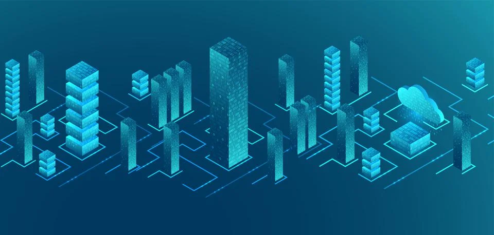Isometric big data flow processing concept, cloud database. Abstract technolo 스톡 일러스트