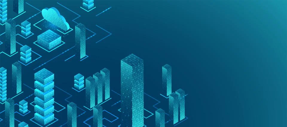 Isometric big data flow processing concept, cloud database. Abstract technolo Illustrazione stock