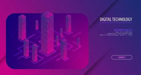Isometric big data flow processing concept, cloud database. Abstract technolo Illustrazione stock