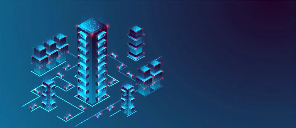 Isometric big data flow processing concept, cloud database. Abstract technolo Stock Illustration