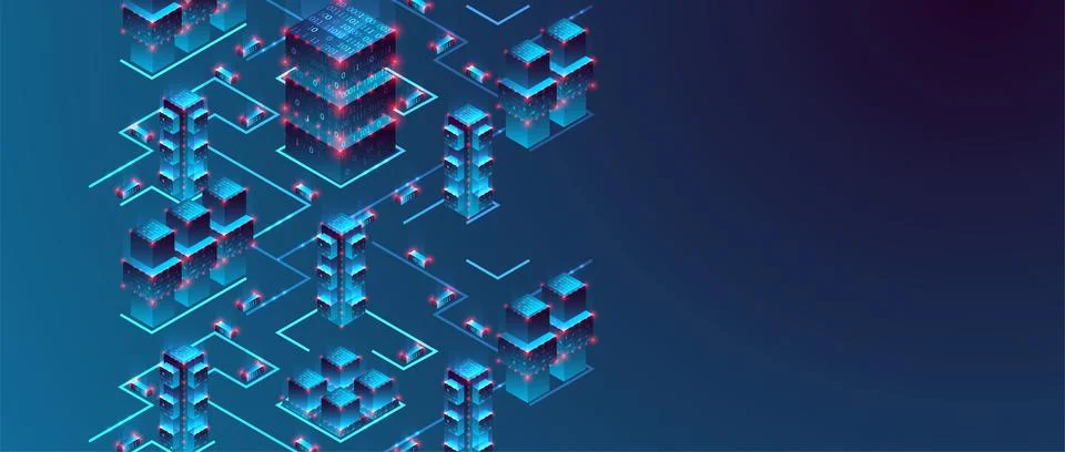 Isometric big data flow processing concept, cloud database. Abstract technolo Illustrazione stock