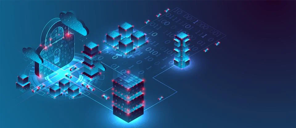 Isometric big data flow processing concept, cloud database. Abstract technolo Illustrazione stock