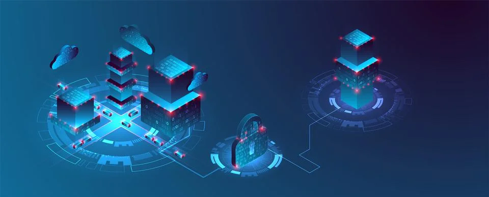 Isometric big data flow processing concept, cloud database. Abstract technolo Stock Illustration