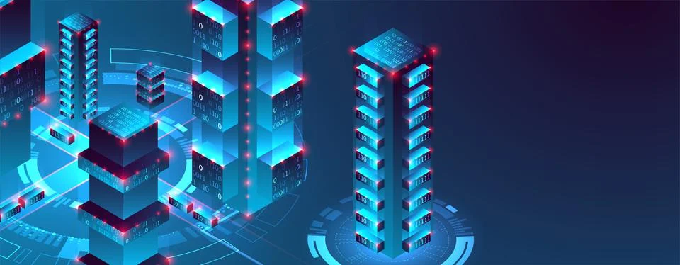 Isometric big data flow processing concept, cloud database. Abstract technolo Illustrazione stock