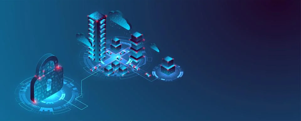Isometric big data flow processing concept, cloud database. Abstract technolo Stock Illustration