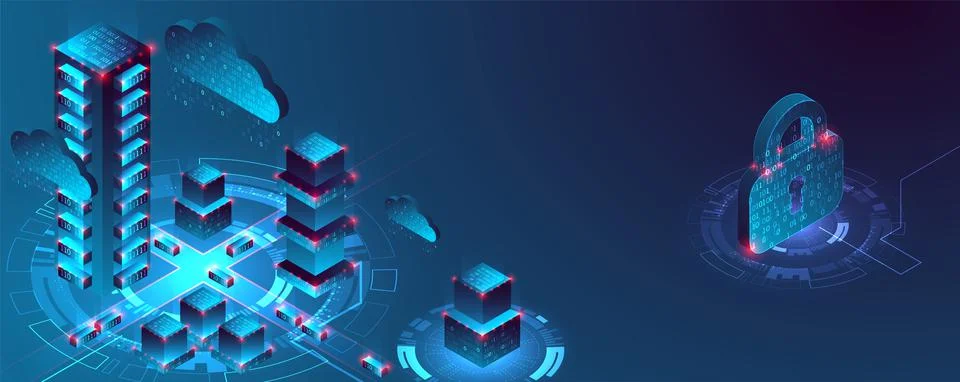 Isometric big data flow processing concept, cloud database. Abstract technolo Stock Illustration