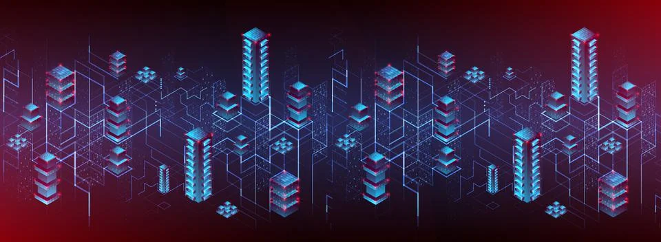 Isometric big data flow processing concept, cloud database. Abstract technolo Illustrazione stock