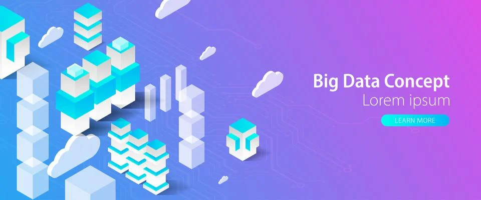 Isometric big data flow processing concept, cloud database. Abstract technolo Illustrazione stock