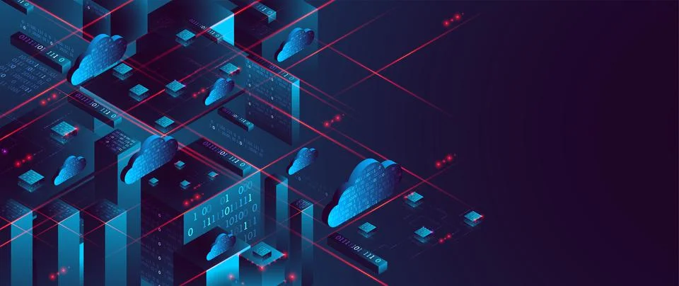 Isometric big data flow processing concept, database. Abstract technology bac Illustrazione stock