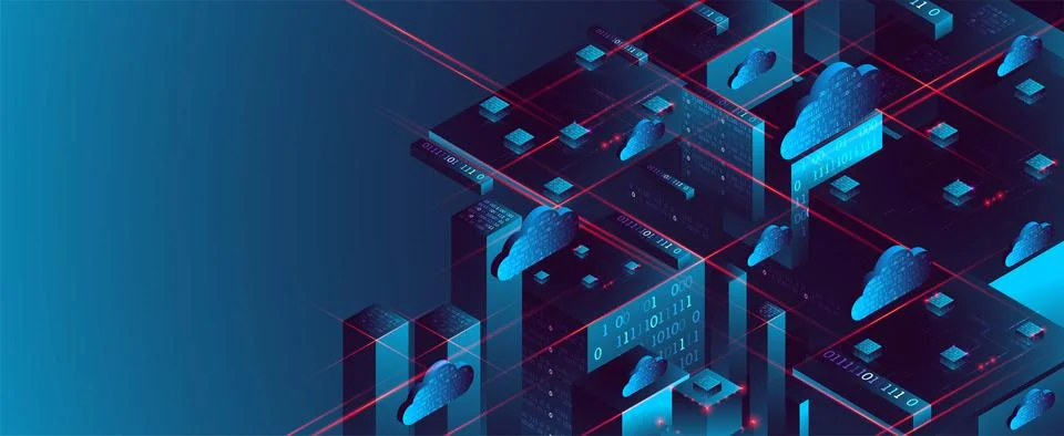 Isometric big data flow processing concept, database. Abstract technology bac Illustrazione stock