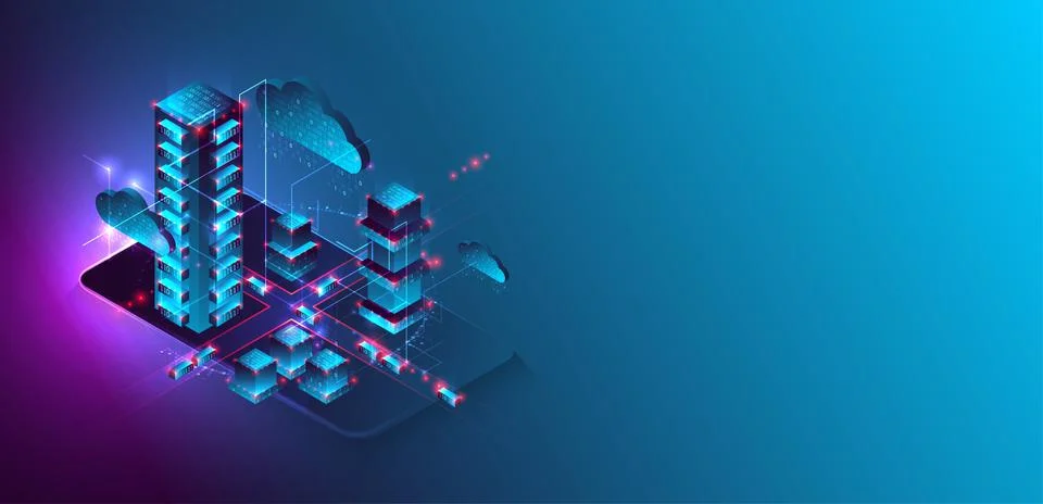 Isometric big data processing concept, cloud database. Abstract technology ba 스톡 일러스트