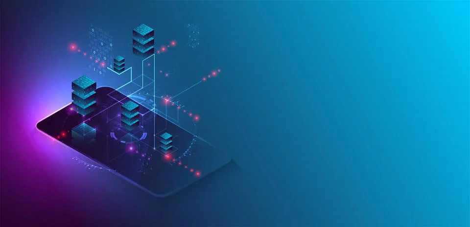 Isometric big data processing concept, cloud database. Abstract technology ba 스톡 일러스트