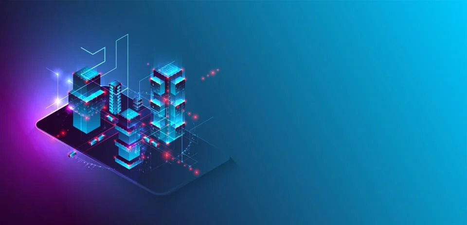 Isometric big data processing concept, cloud database. Abstract technology ba 스톡 일러스트