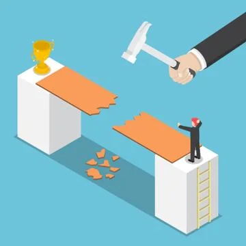 Isometric big hand destroy way to success of businessman Stock Illustration
