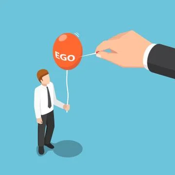 Isometric big hand use needle to destroy ego balloon of businessman Stock Illustration