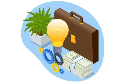 Isometric big light bulb as metaphor idea, business idea, bundle of money Stock Illustration