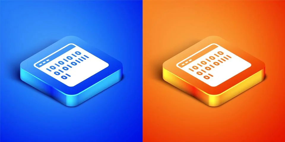 Isometric Binary code icon isolated on blue and orange background. Square button 스톡 일러스트