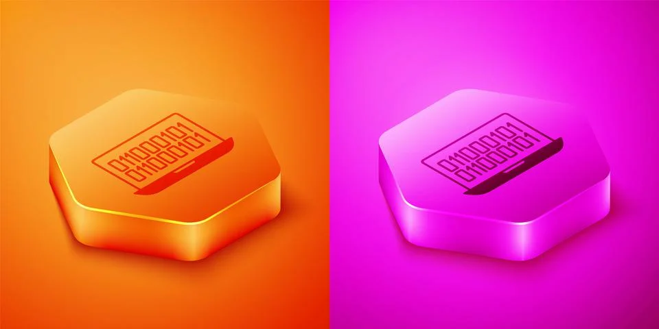 Isometric Binary code icon isolated on orange and pink background. Hexagon bu Stock Illustration