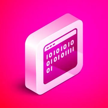 Isometric Binary code icon isolated on pink background. Silver square button Stock Illustration