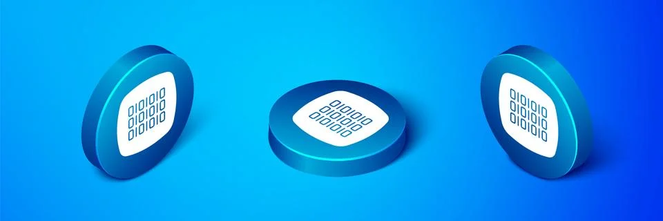 Isometric Binary code icon isolated on blue background. Blue circle button Stock Illustration
