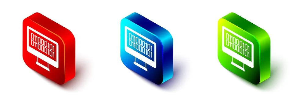 Isometric Binary code icon isolated on white background. Red, blue and gree.. Stock Illustration