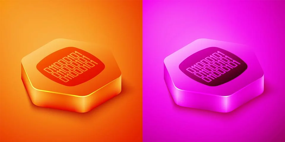 Isometric Binary code icon isolated on orange and pink background. Hexagon .. 스톡 일러스트