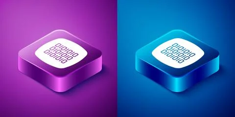 Isometric Binary code icon isolated on blue and purple background. Square b.. Stock Illustration