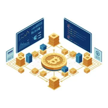 Isometric Bitcoin with Blockchain Technology Network 스톡 일러스트