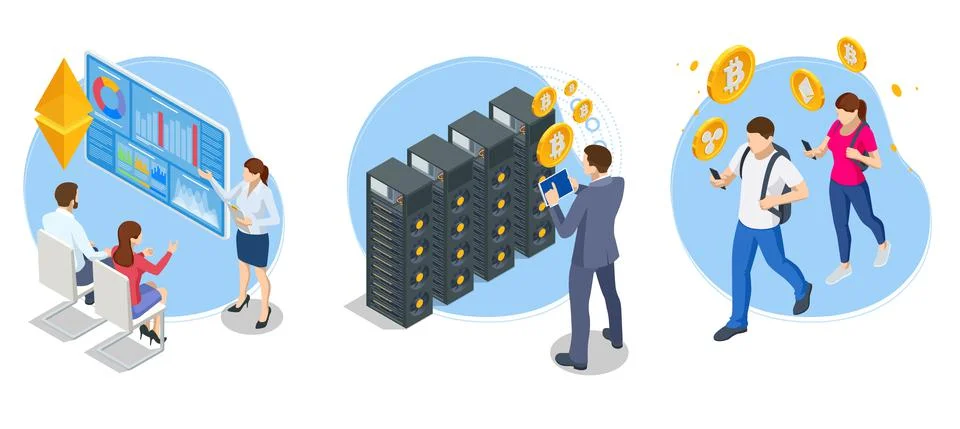 Isometric Bitcoin Crypto Currency Mining Farm. Server Room, Bitcoin Mining Stock Illustration