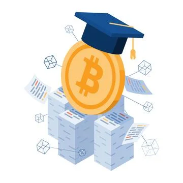 Isometric Bitcoin with Graduate Cap on Stack of Paper Stock Illustration