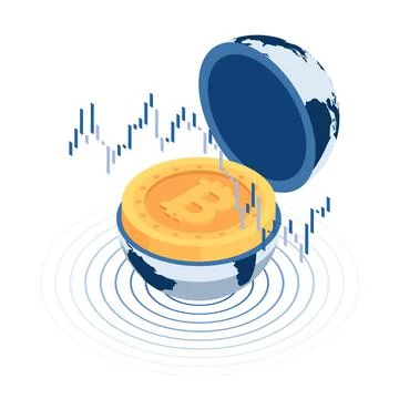 Isometric Bitcoin Inside The World Globe with Stock Market Candlestick Chart Stock Illustration