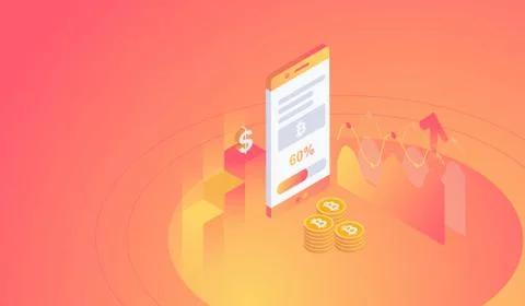 Isometric bitcoin mining on smartphone concept. vector illustration Stock Illustration