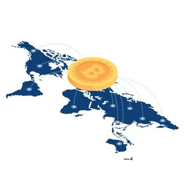 Isometric Bitcoin Network Over The World Map Stock Illustration