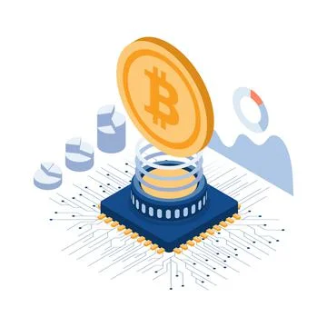 Isometric Bitcoin Over The Computer Chip and Circuit Board 스톡 일러스트
