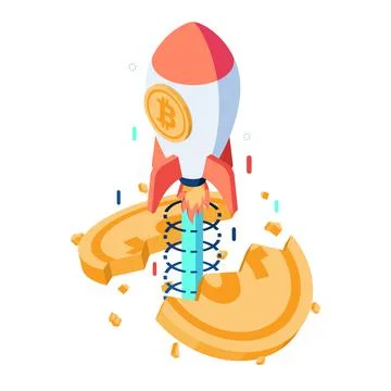 Isometric Bitcoin Rocket Piercing Through Dollar Coin Stock Illustration