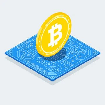 Isometric Bitcoin sign with computer chip. Color icon. Illustrazione stock