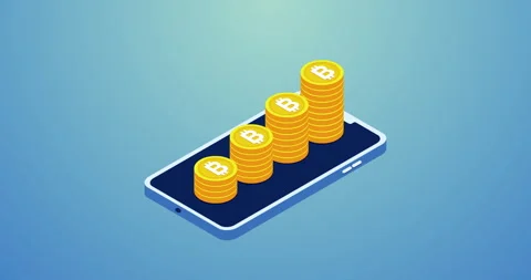 Isometric Bitcoin Stack Growth Over Mobile with alpha Stock Footage 304613235