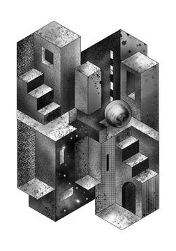 Isometric black and white M.C. Escher Style Stock Illustration