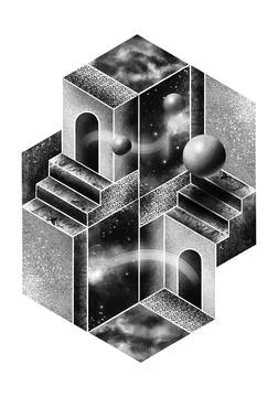 Isometric black and white M.C. Escher Style 库存插图