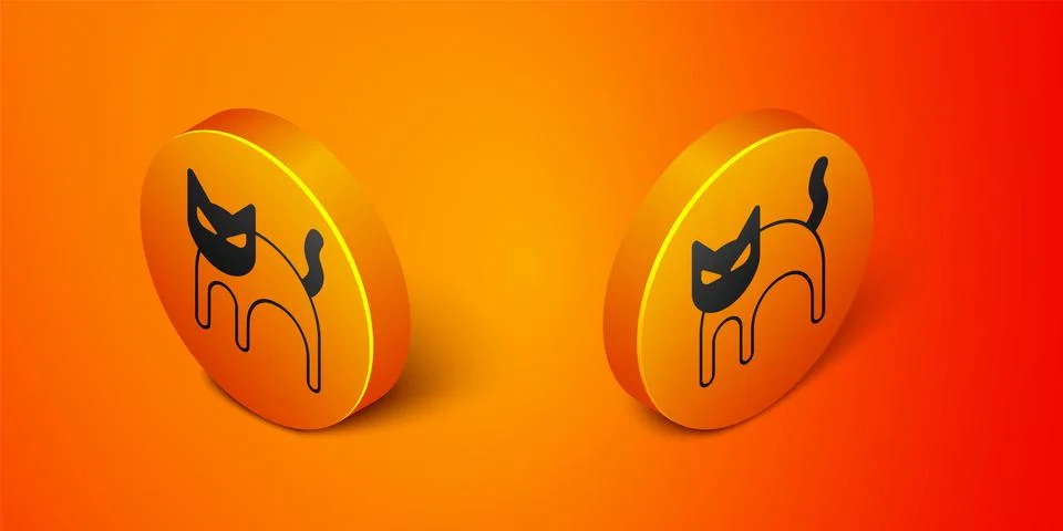 Isometric Black cat icon isolated on orange background. Happy Halloween party Illustration